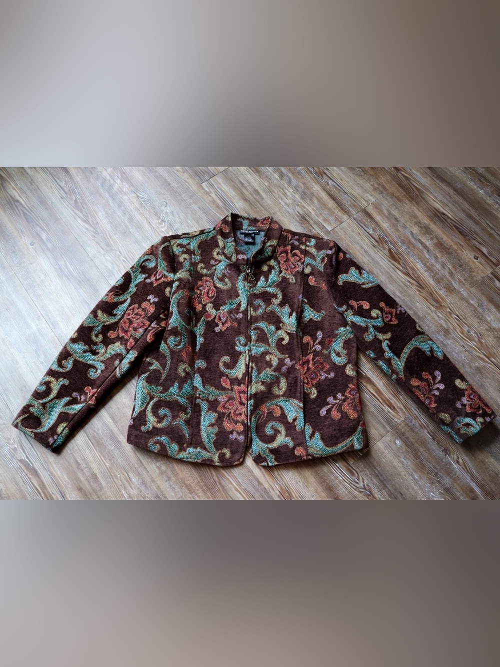Molly & Maxx Brown Teal Floral Jacquard Tapestry Jacket Art to Wear Petite PL
